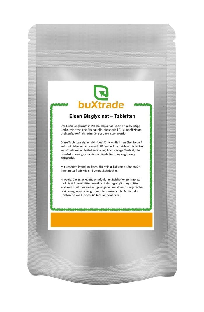 Beutel mit Etikett. Aufschrift: buXtrade Eisenbisglycinat Tabletten. Grün umrandetes Etikett mit Text.