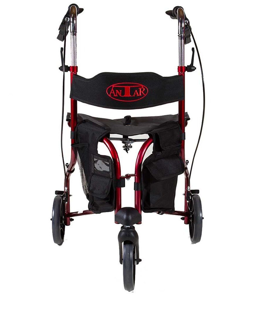 Dreirad-Rollator, rot, Frontansicht. Schwarzer Sitz mit Logo, zwei Taschen. Drei Räder, höhenverstellbar.