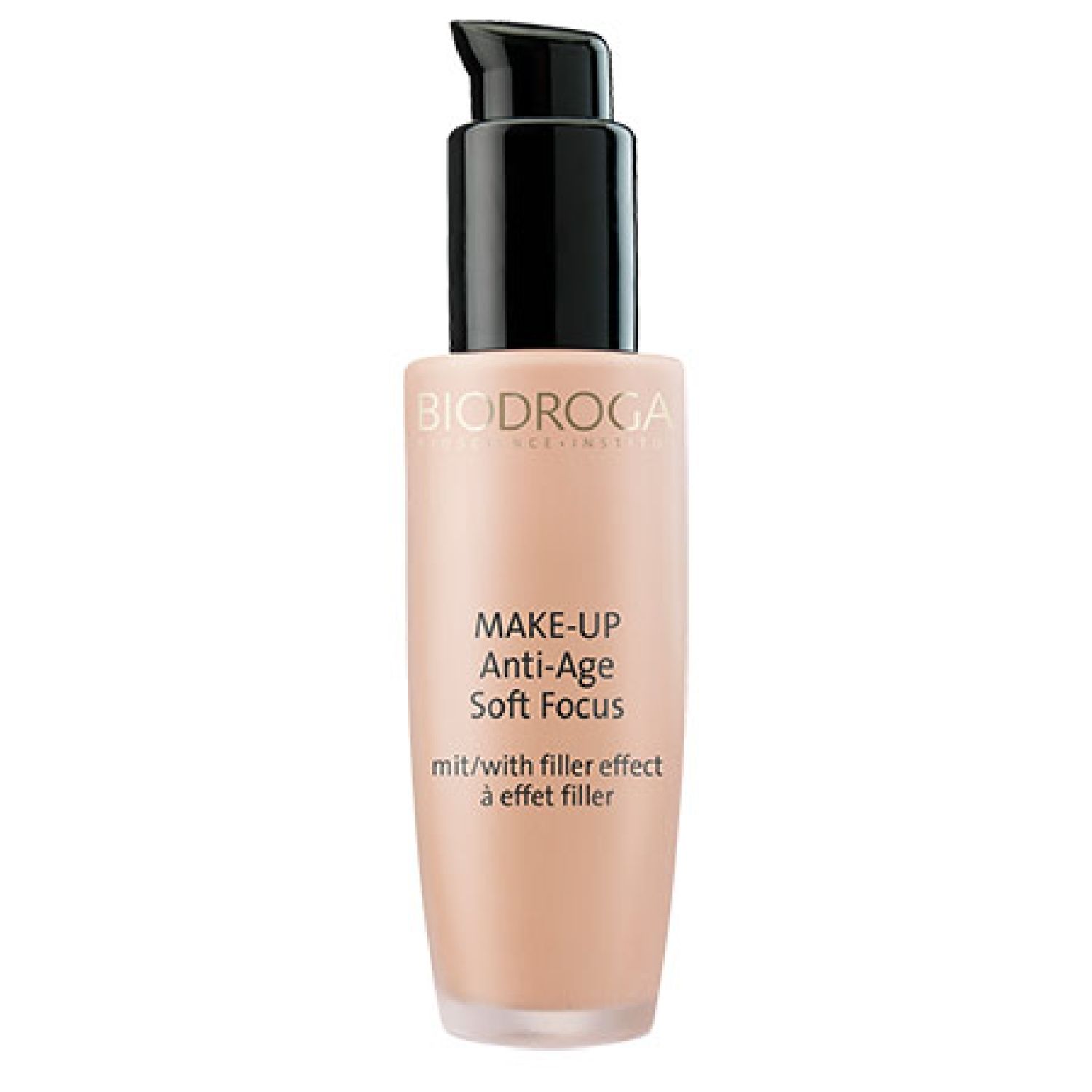 Beige Make-up-Flakon mit schwarzem Pumpverschluss. Schriftzug: Make-up Anti-Age Soft Focus.