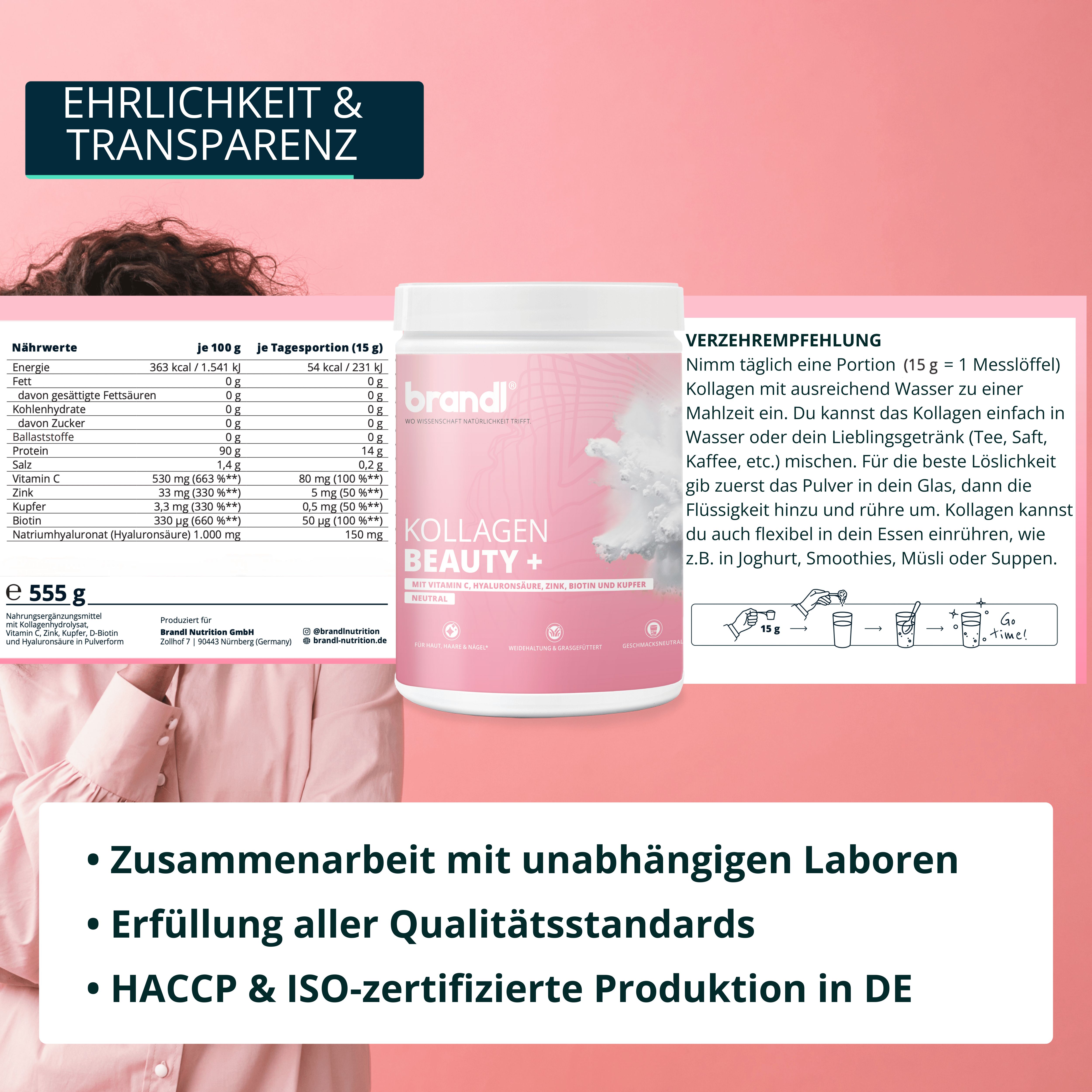 Weißer Behälter mit rosa Etikett. Text: brandl, Kollagen Beauty+. Nährwerttabelle. Text: 555 g. Verzehrempfehlung.