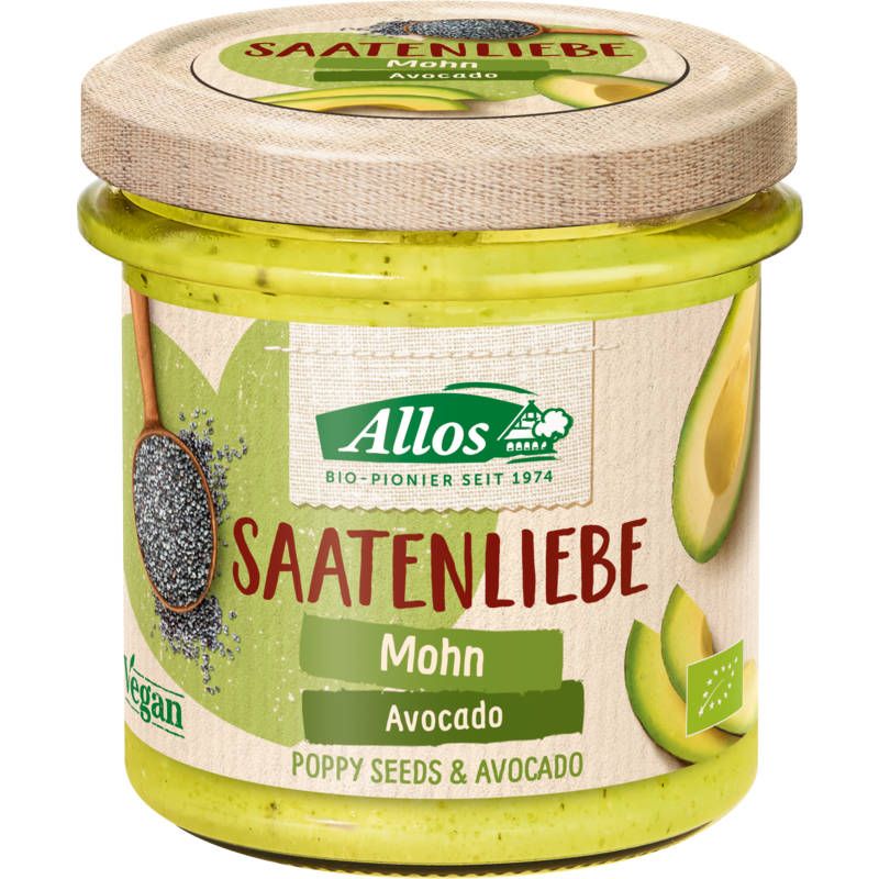 Glas mit Aufschrift SAATENLIEBE Mohn Avocado. Deckel mit Avocado-Motiv. Vegan-Siegel. Allos-Logo. Bio-Siegel.