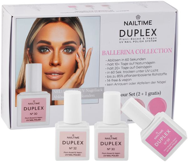 Nailtime Duplex Ballerina Collection. Drei Nagellackflaschen, eine geöffnet. Rosa Lack, weiße Deckel. Karton mit Frauengesicht und Produktnamen.