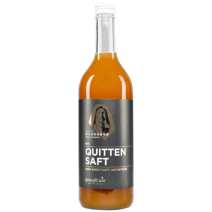 Glasflasche mit orangefarbenem Saft. Etikett mit Aufschrift "Quitten Saft Bio". Logo mit Frauenporträt.
