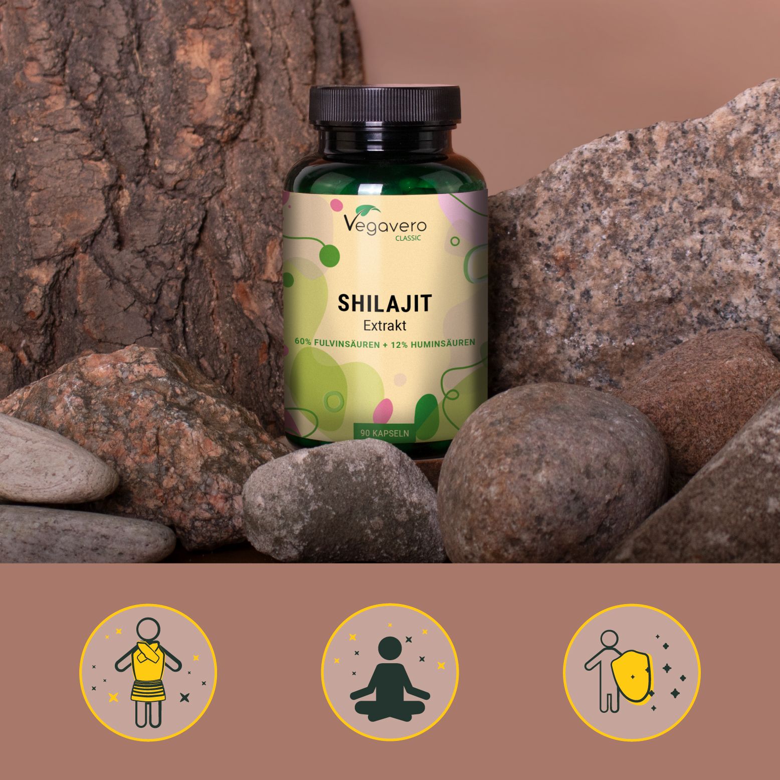 Flacone del prodotto su pietre. Tre icone: donna, persona in meditazione, scudo. Testo: Shilajit Extrakt. Marchio: Vegavero.