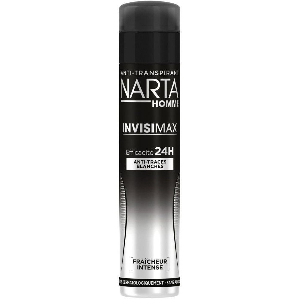 Deo-Spray für Herren. Schwarz-weiße Dose. Aufschrift: NARTA HOMME, INVISIMAX, 24H, Anti-Traces Blanches, Fraîcheur Intense.