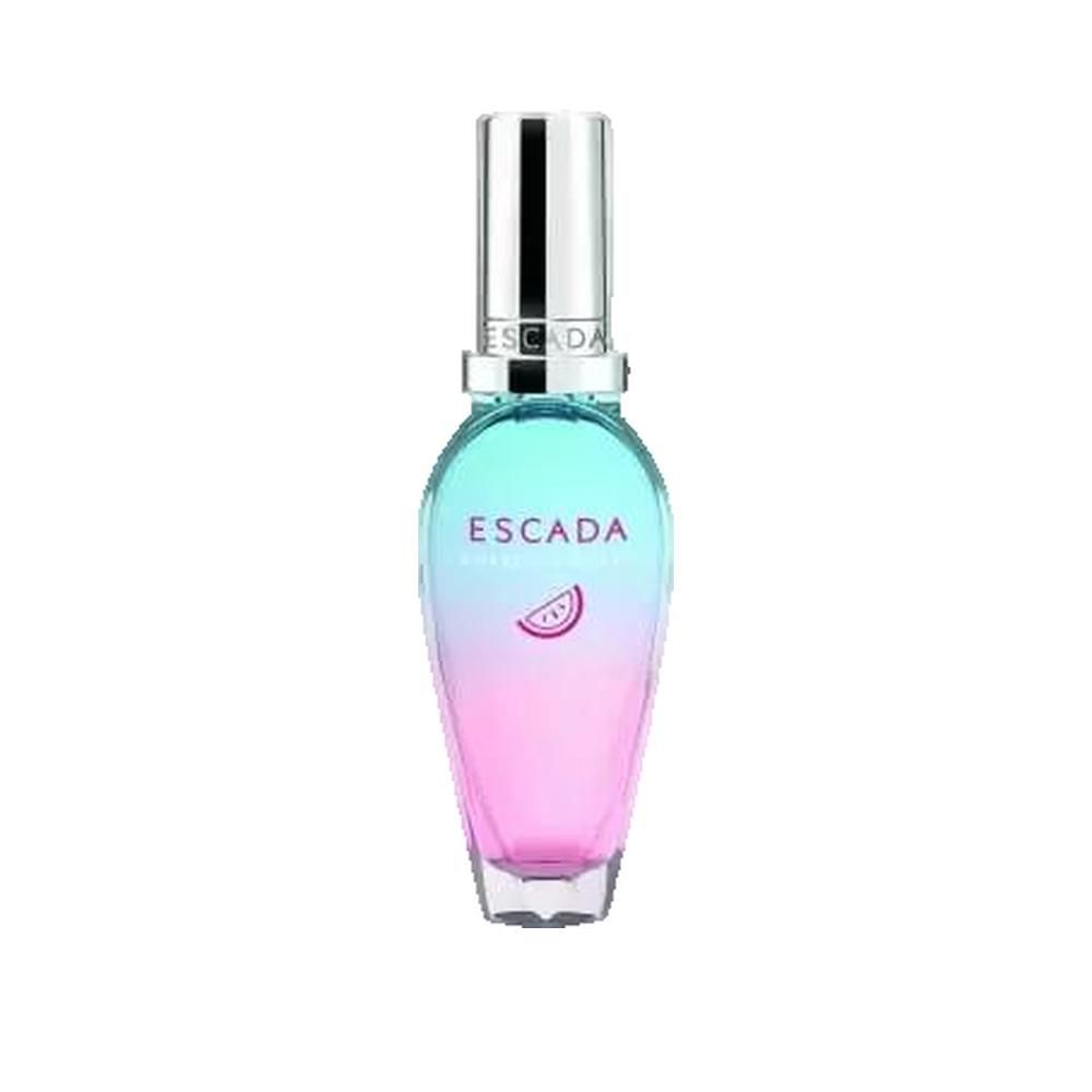 Escada Sorbetto Rosso Eau de Toilette Spray. Flakon mit Farbverlauf von Blau zu Rosa, silberner Verschluss.