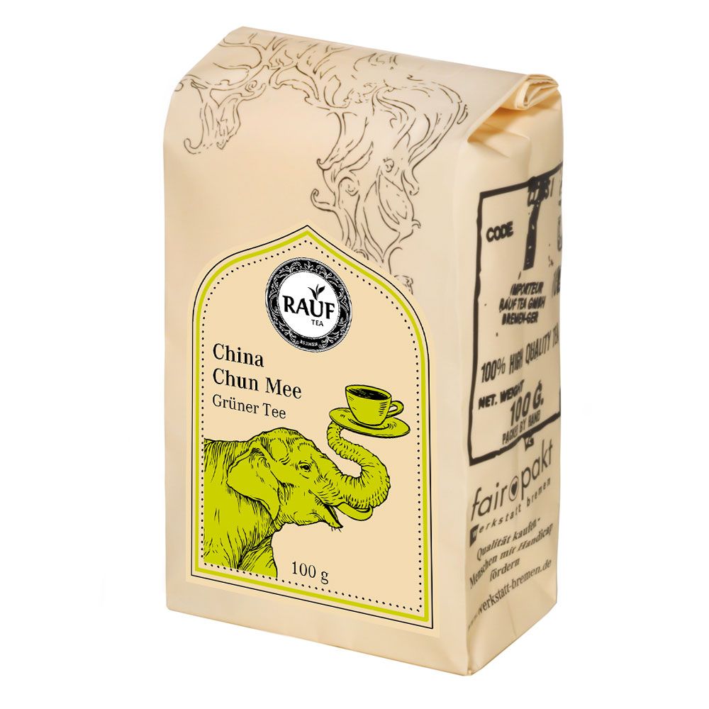Verpackung Rauf Tee Grüner Tee China Chun Mee, 100g. Mit Elefanten-Illustration und Qualitätszeichen.