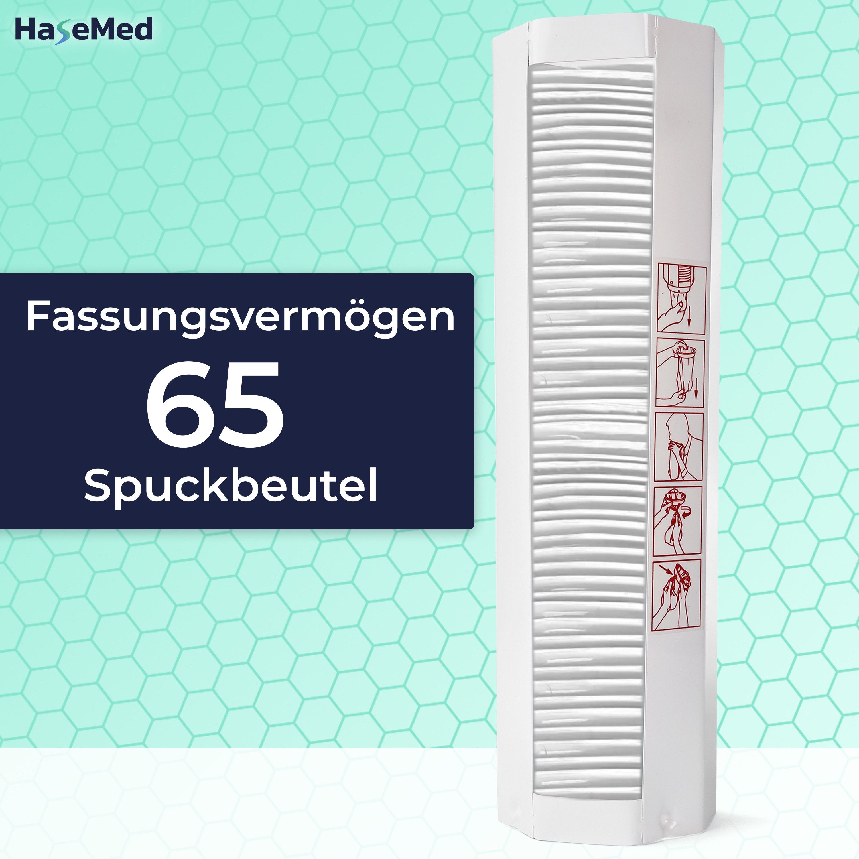 Weißer Spender für Spuckbeutel mit 65 Beuteln. Aufschrift: Fassungsvermögen. HaseMed Logo.