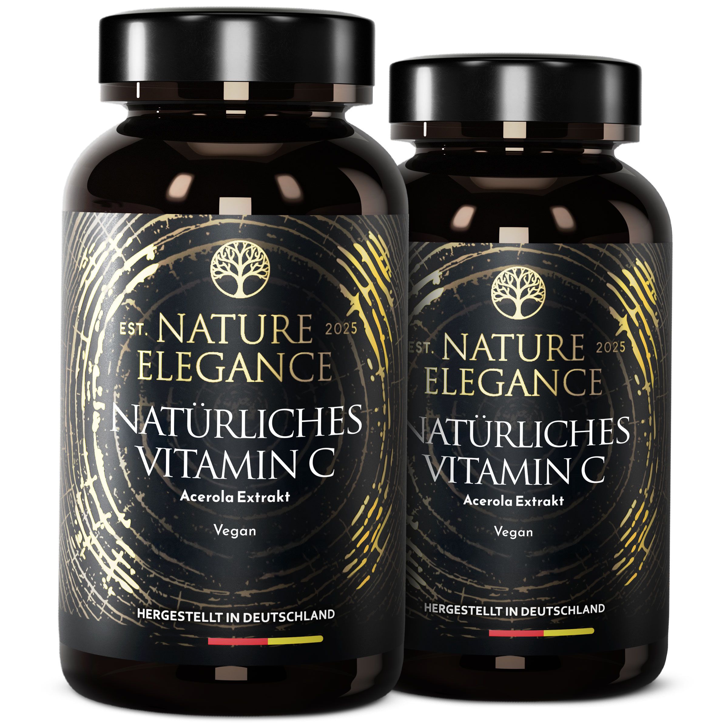 Zwei braune Flaschen mit schwarzem Deckel. Aufschrift: NATURE ELEGANCE, NATÜRLICHES VITAMIN C, Acerola Extrakt, Vegan. Hergestellt in Deutschland.