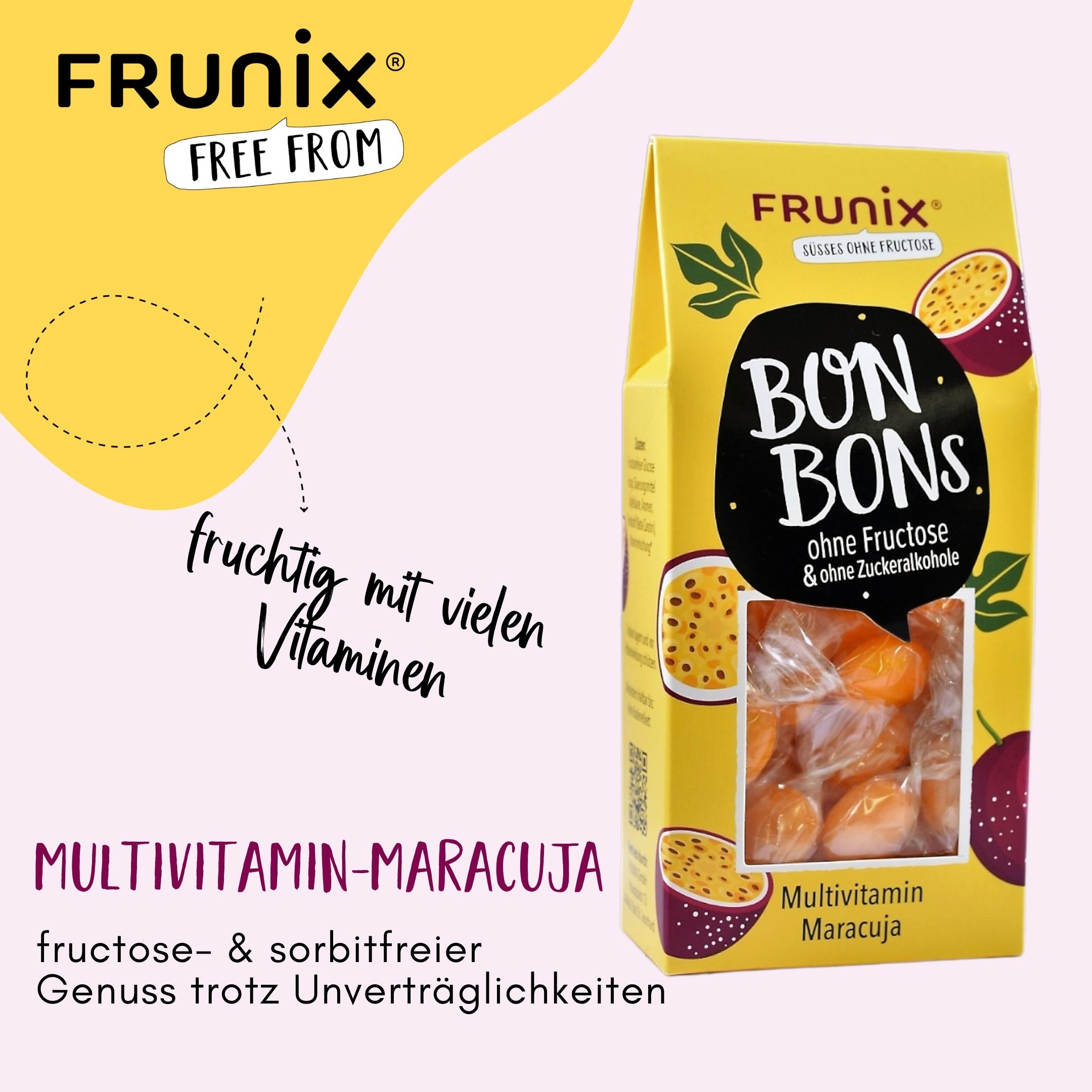 FRUNIX-Multivitamin-Fruchtbonbons ohne Fructose & Zuckeralkohole, Maracujageschmack 90 g Bonbons