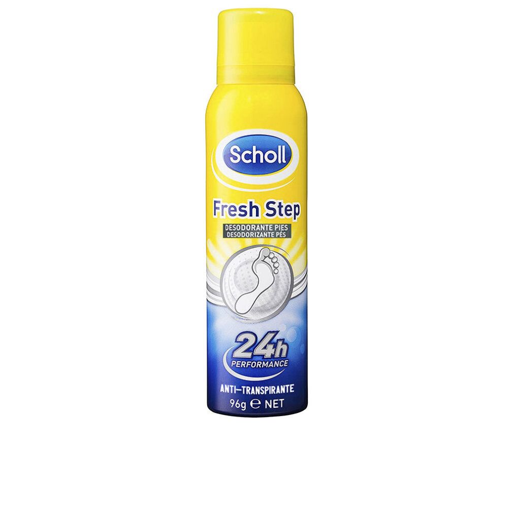 Gelbe Sprühdose mit gelbem Deckel. Aufschrift: Scholl Fresh Step, 24h Performance, Anti-Transpirant, 96g NET.