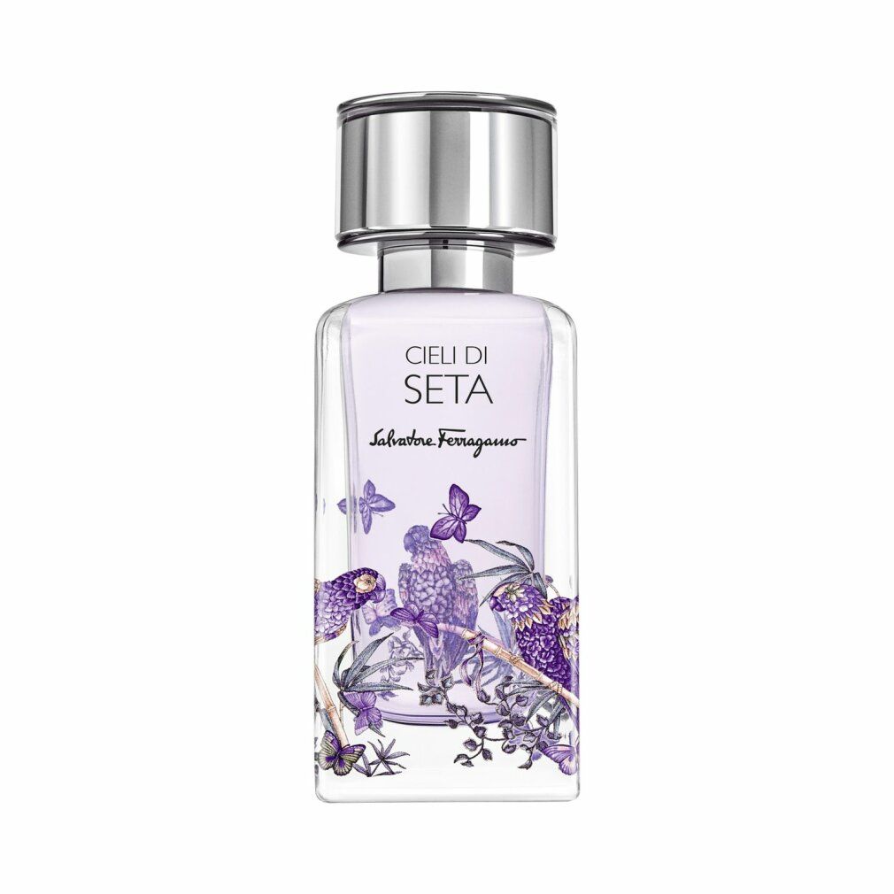 Salvatore Ferragamo Cieli di Seta Eau de Parfum Flakon mit silbernem Verschluss und lila Vogel- und Schmetterlingsmotiv.
