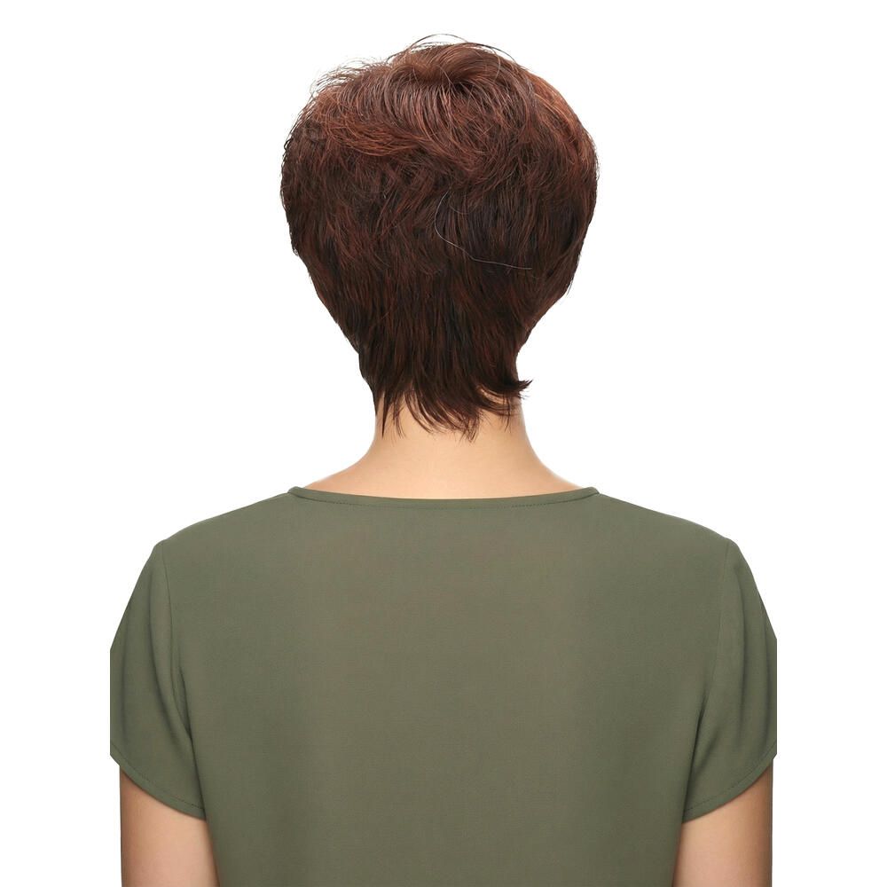 Kurzhaarperücke in Rotbraun. Rückansicht. Kurzer, gestufter Schnitt.