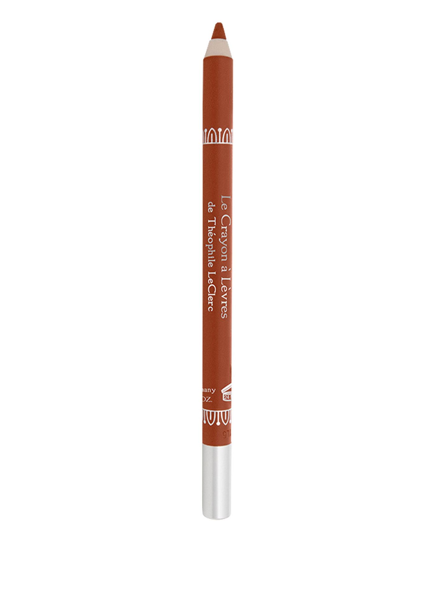 Lippenstift-Stift. Braune Hülse mit silberner Kappe. Text: Le Crayon à Lèvres de Théophile LeClerc.