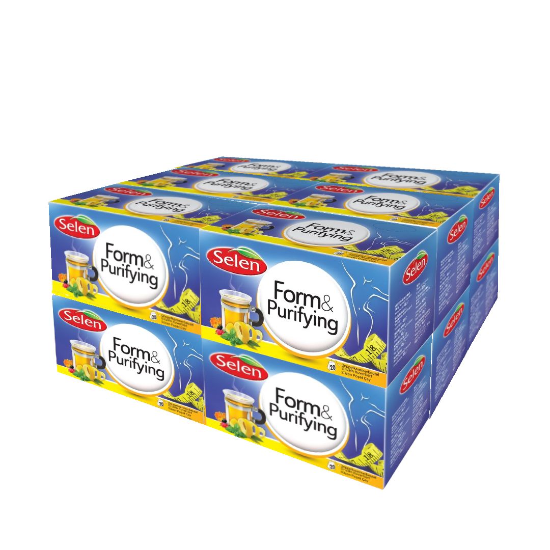 Mehrere Produktverpackungen mit dem Aufdruck "Selen Form & Purifying". Blaue Verpackung mit Produktabbildung und Logo.