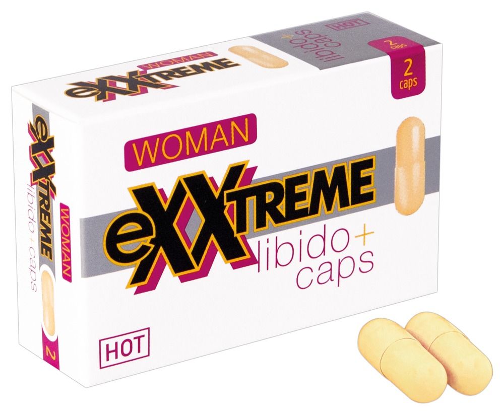 Kapseln in einer Schachtel. Aufschrift: eXXtreme libido+ caps, HOT, WOMAN. Zwei Kapseln liegen daneben.