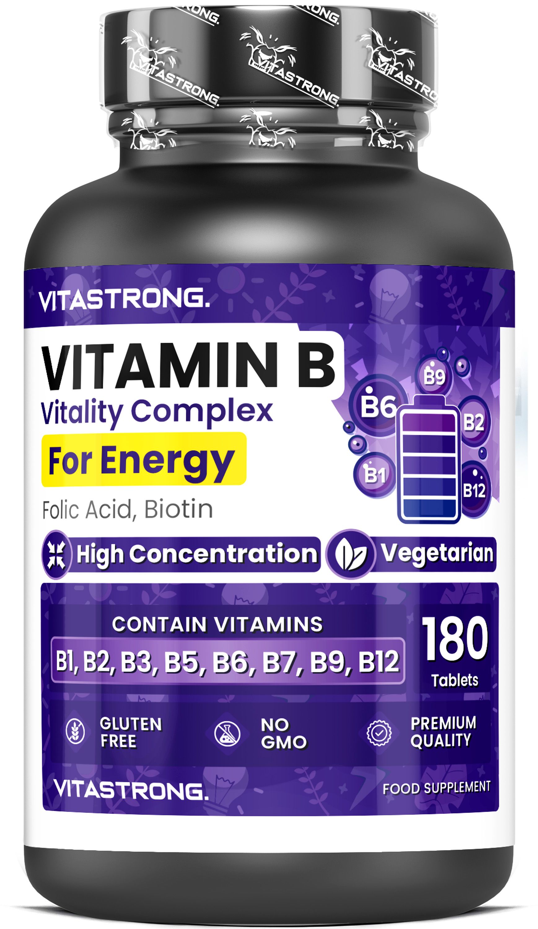 Vitastrong Vitamin B Komplex Flasche, hochdosiert, 180 Tabletten, vegetarisch, glutenfrei.