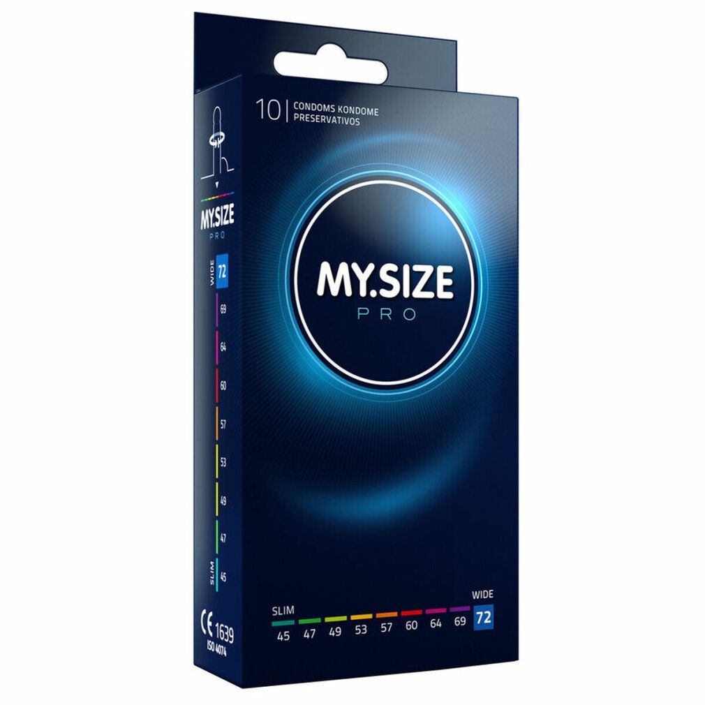 Schwarze Verpackung mit "MY.SIZE PRO" Logo und Größenangabe 72. Enthält 10 Kondome. CE-Kennzeichnung.