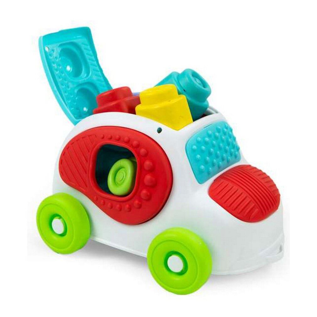Weißes Spielzeugauto mit bunten Elementen und weichen Blöcken. Dach geöffnet.