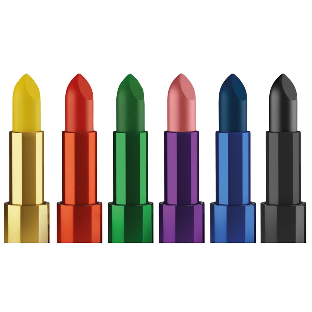 Sei rossetti che cambiano colore in fila. Ogni rossetto è di un colore diverso: giallo, rosso, verde, rosa, blu e nero. I rossetti sono alloggiati in custodie metalliche e sono in posizione verticale.