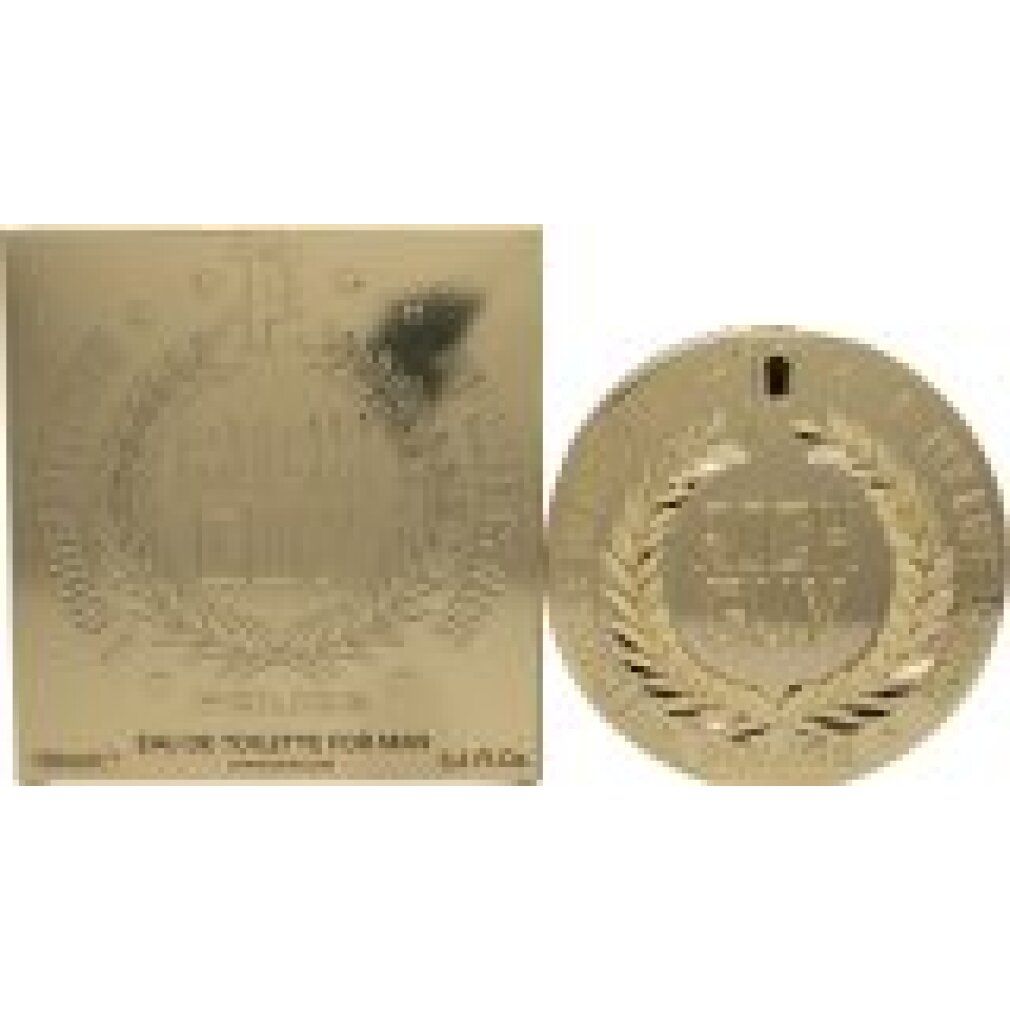 Goldfarbener Flakon und rechteckige Schachtel. Flakon rund, mit Aufschrift. Schachtel mit Logo. Text: Eau de Toilette.