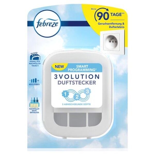 Weißer Duftstecker mit Verpackung. Oben links Febreze-Logo. Aufkleber mit "3Volution Duftstecker".