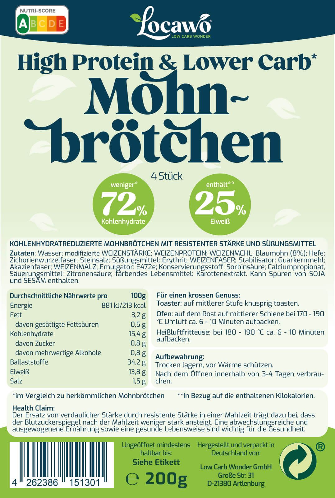 Locawo High Protein & Low Carb Mohnbrötchen