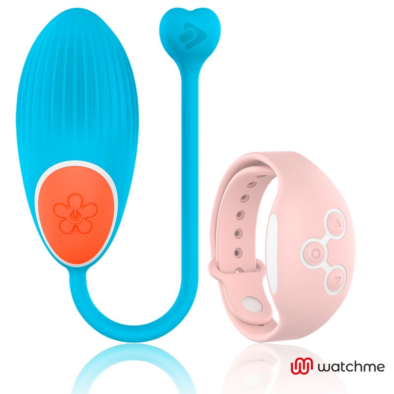 Blaues Ei mit orangefarbenem Knopf, rosa Armband mit Knöpfen. Marke: watchme.