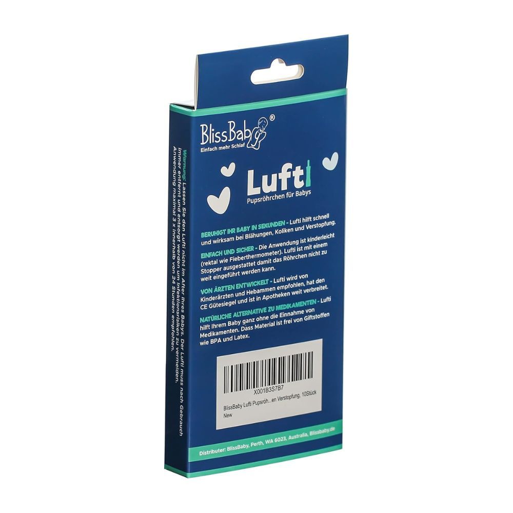 Rückseite der Verpackung. Beschriftung: BlissBaby Lufti, Einweg-Katheter für Babys. Barcode.