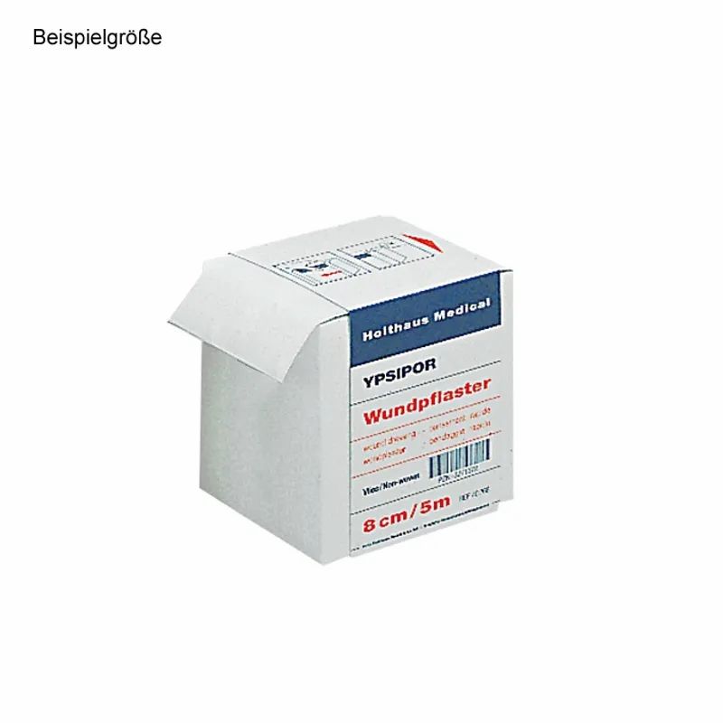 Weißer Karton mit blauer Banderole. Aufdruck: YPSIPOR Wundpflaster, 8 cm/5 m. Holthaus Medical.