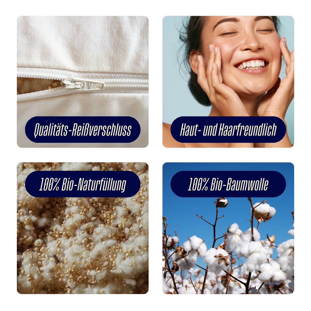 Nahaufnahmen: Qualitäts-Reißverschluss, haut- und haarfreundlich, 100% Bio-Naturfüllung, 100% Bio-Baumwolle.