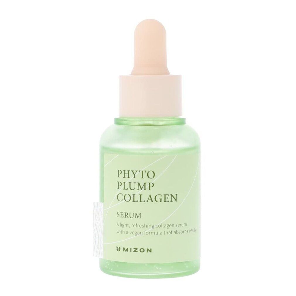 Grüne Serumflasche mit Aufschrift 'Phyto Plump Collagen'. Mit Pipette und hellem Hintergrund.