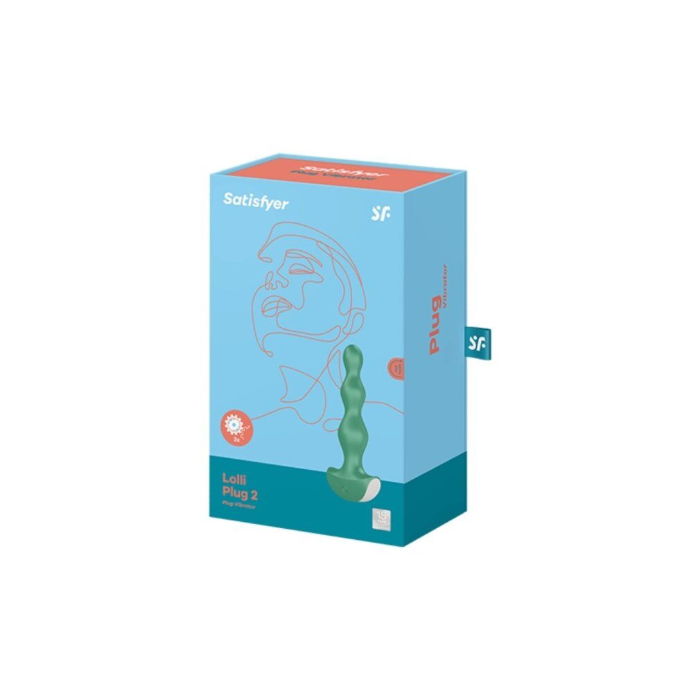 Verpackung mit Analvibrator. Marke: Satisfyer. Produktname: Lolli Plug 2. Abbildung eines Gesichts. Blau, rot und grün.