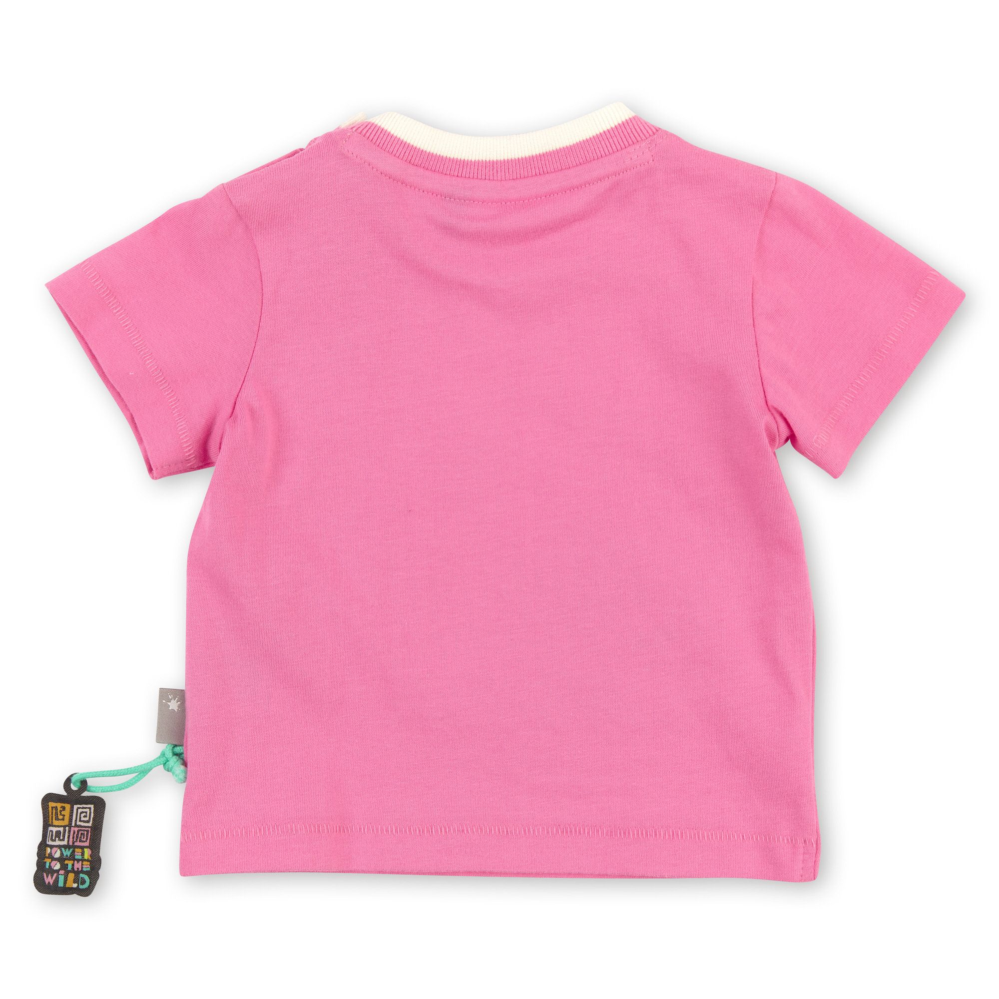 Rückseite eines rosa Baby-T-Shirts mit weißem Kragen. Anhänger mit Text.