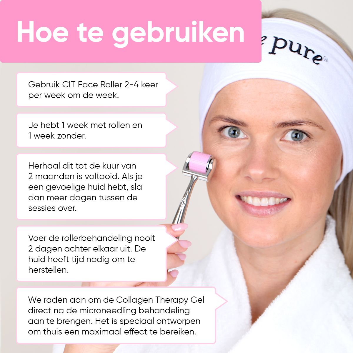 Vrouw met hoofdband en gezichtsroller. Tekst: Hoe te gebruiken. Gebruiksaanwijzing.