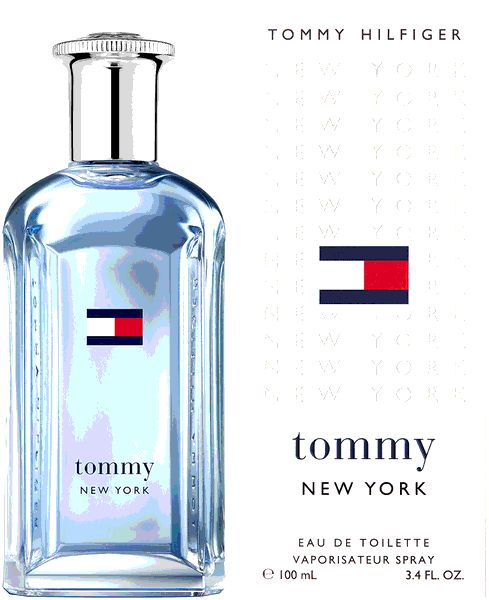 Hellblaues Parfumflakon neben weißer Verpackung. Logo mit rot-weiß-blauem Streifen. Schriftzug 'tommy NEW YORK'.