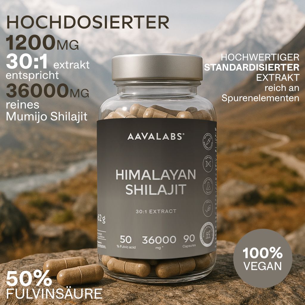 Flasche mit Kapseln. Text: Himalaya Shilajit, 30:1 Extrakt, 50% Fulvinsäure, 100% Vegan.