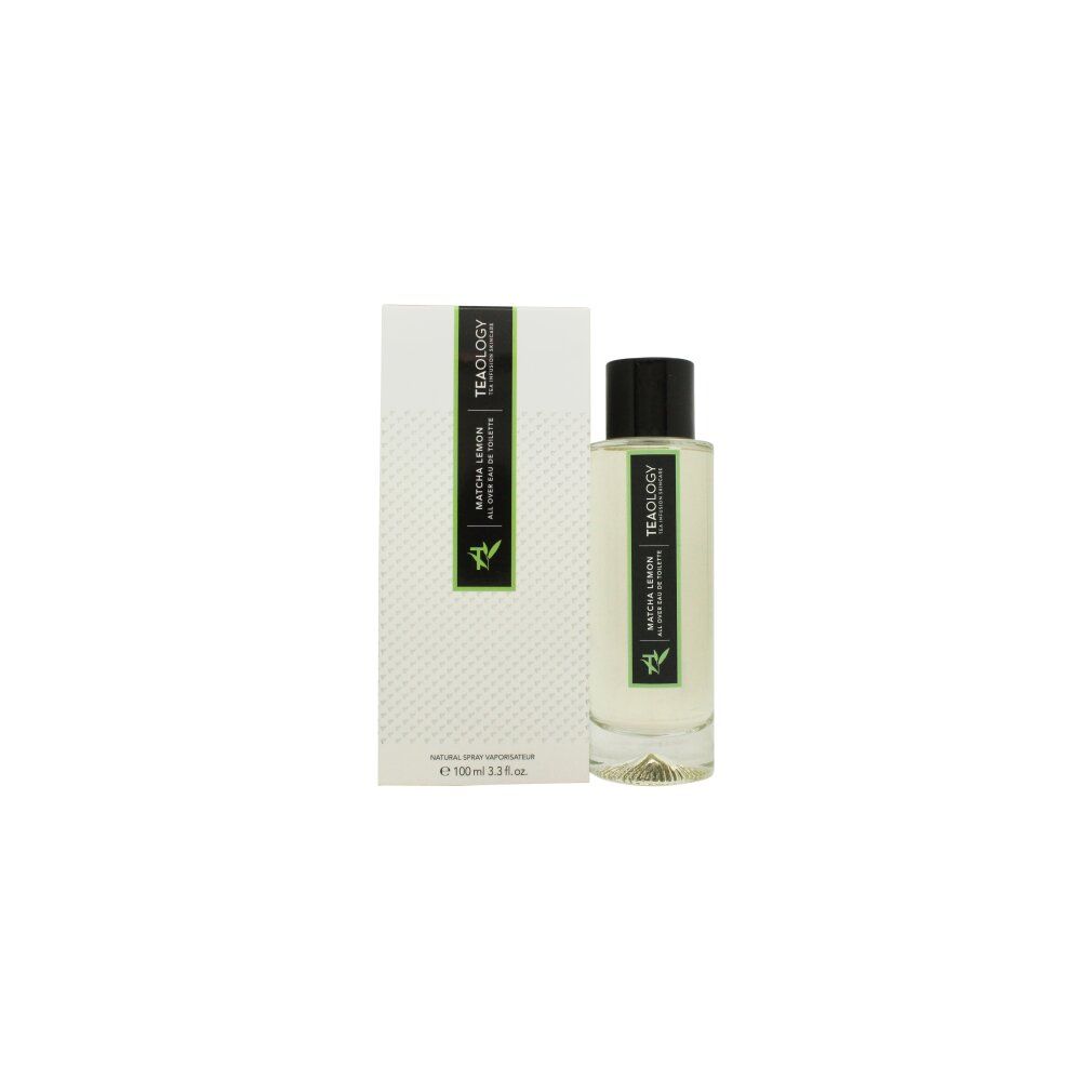 Flakon und Verpackung. Aufschrift: Matcha Lemon All Over Eau de Toilette. Grünes Etikett mit Logo. Weiße Verpackung.