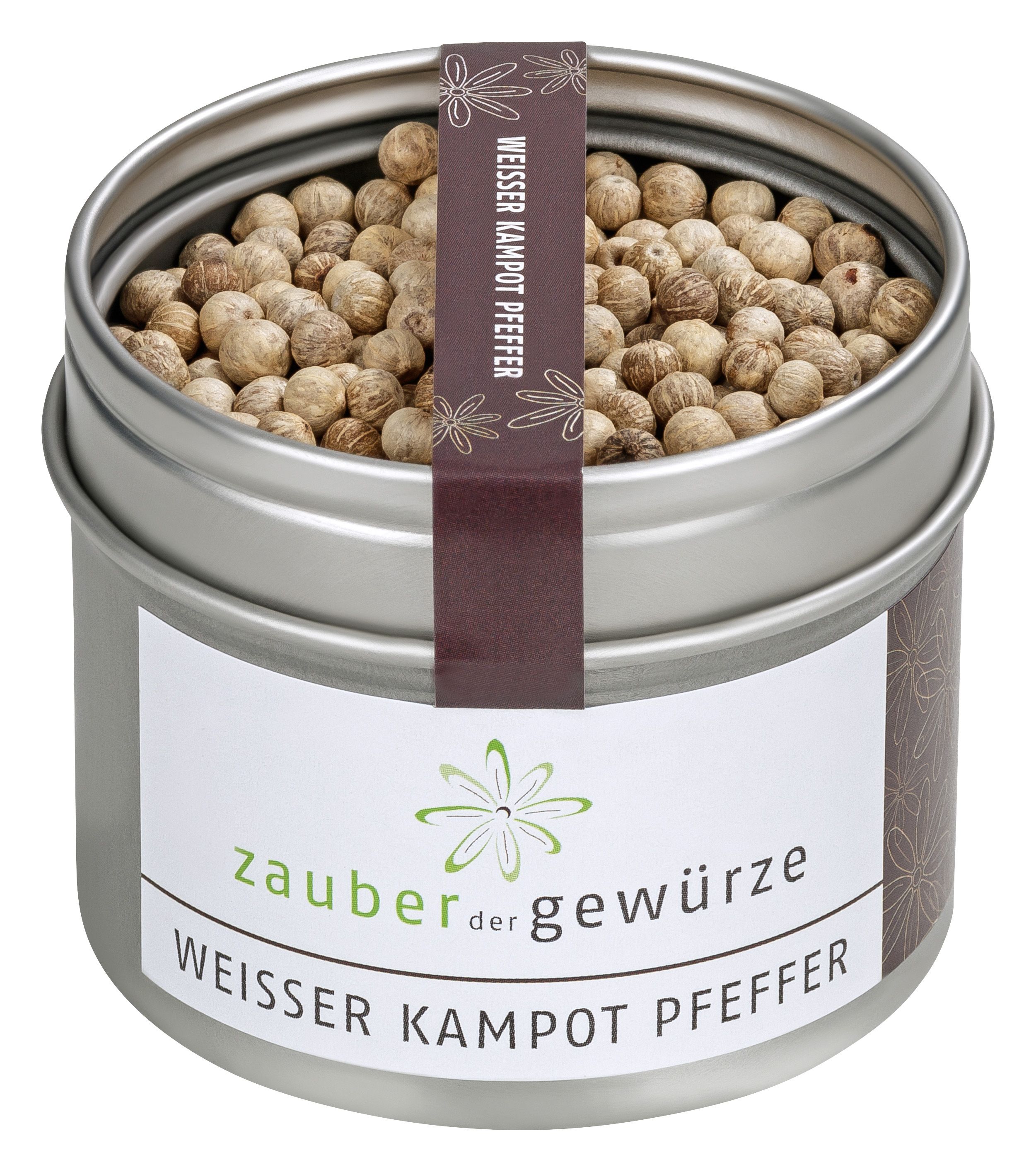 Metallbehälter mit weißem Kampot Pfeffer. Etikett mit Produktname und Logo. Brauner Streifen mit Text.
