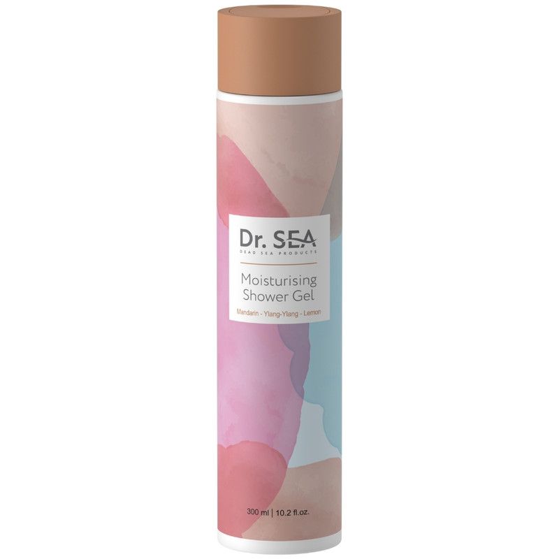 Cilindrische fles met bruine dop. Opschrift: Dr. SEA, Moisturising Shower Gel. Kleurverloop: roze, blauw, beige. 300 ml.
