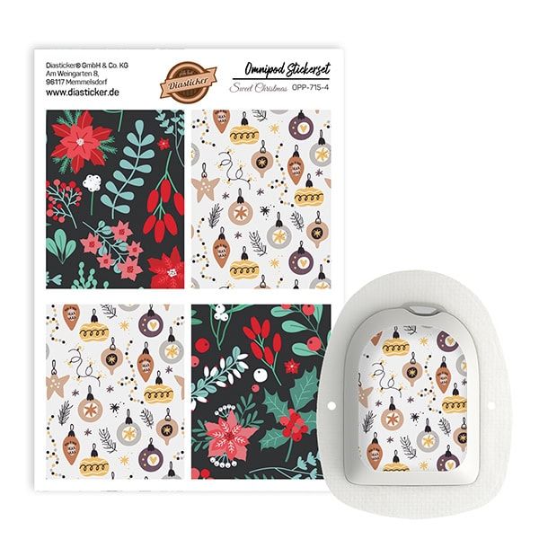 Stickerbogen mit Weihnachtsmotiven und Omnipod-Applikator. Verschiedene Designs mit floralen und Ornament-Mustern.