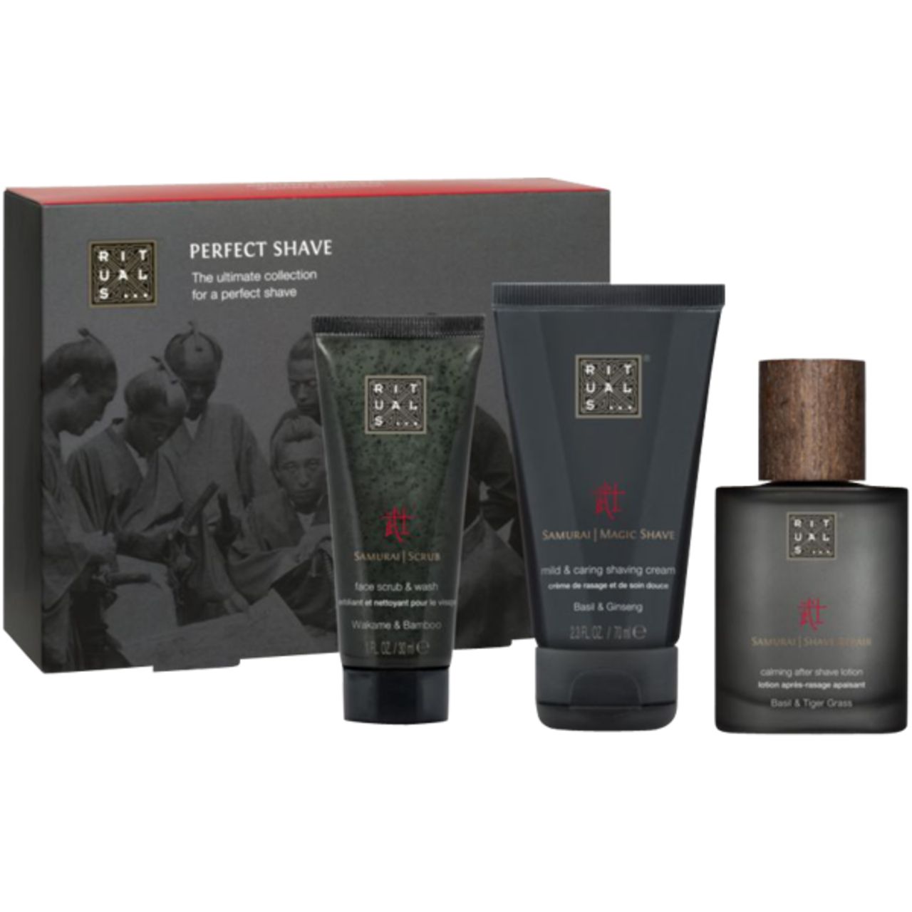 Geschenkset mit Rasierprodukten. Enthält Rasiercreme, Gesichtspeeling und After Shave Lotion. Schwarze Verpackung mit Produktnamen.
