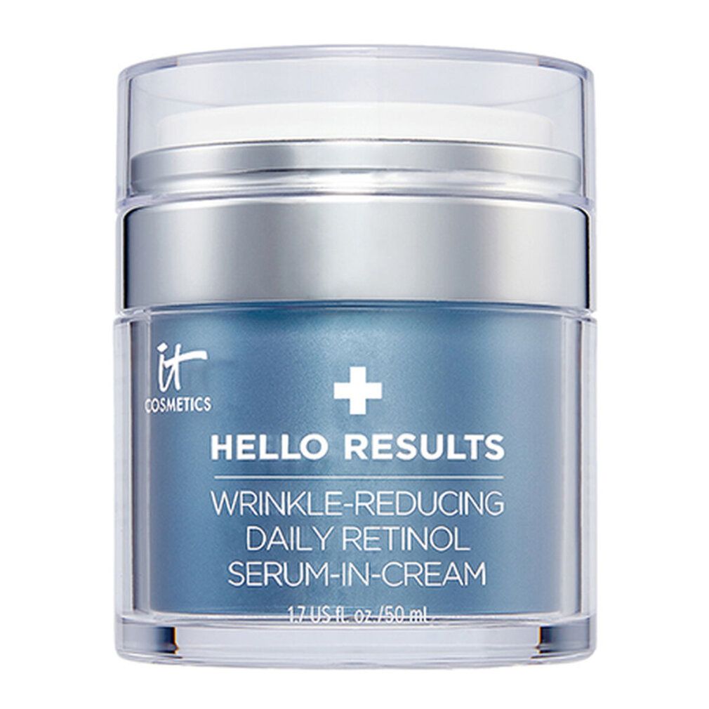 Blau-silberner Tiegel mit Deckel. Aufschrift: Hello Results, Daily Retinol Serum-In-Cream. Marke: IT Cosmetics.
