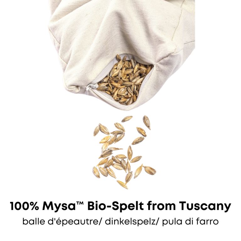 Beiges Kissen mit Reißverschluss, geöffnet. Spelz Körner fallen heraus. Text: '100% Mysa Bio-Spelt'.