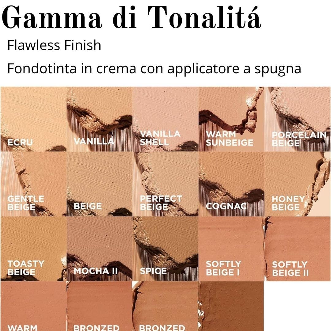 Farbpalette mit verschiedenen Hauttönen. Text: Gamma di Tonalità, Flawless Finish, Fondotinta in crema.
