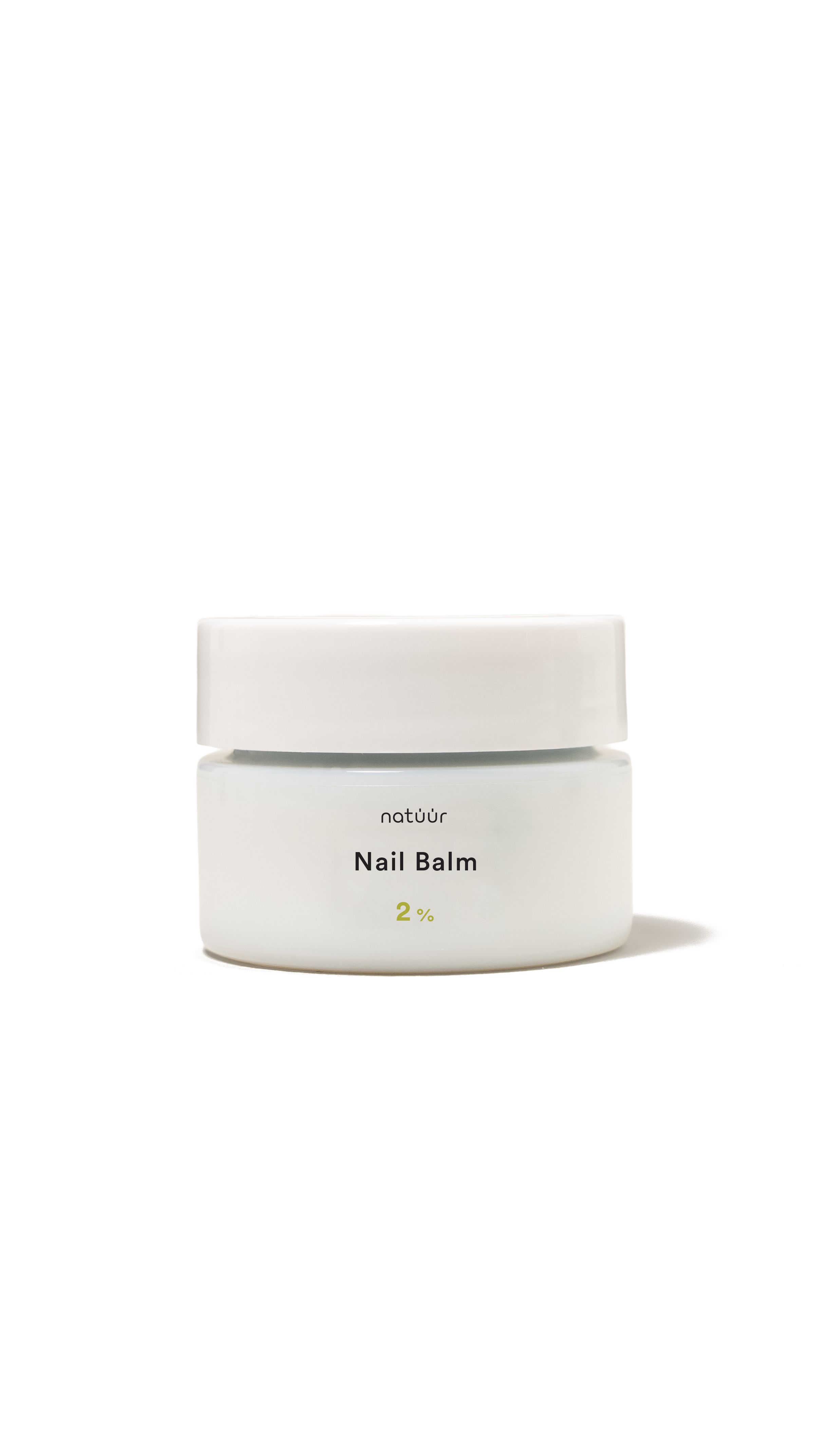 Weißer Tiegel mit Deckel. Text: natüür Nail Balm 2%. Aufkleber mit grüner Schrift.