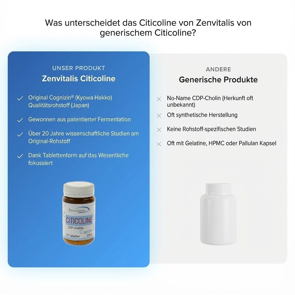 Vergleich: Zenvitalis Citicoline vs. generische Produkte. Zenvitalis: Original Cognizin, patentierte Fermentation. Generisch: unbekannt, synthetisch.