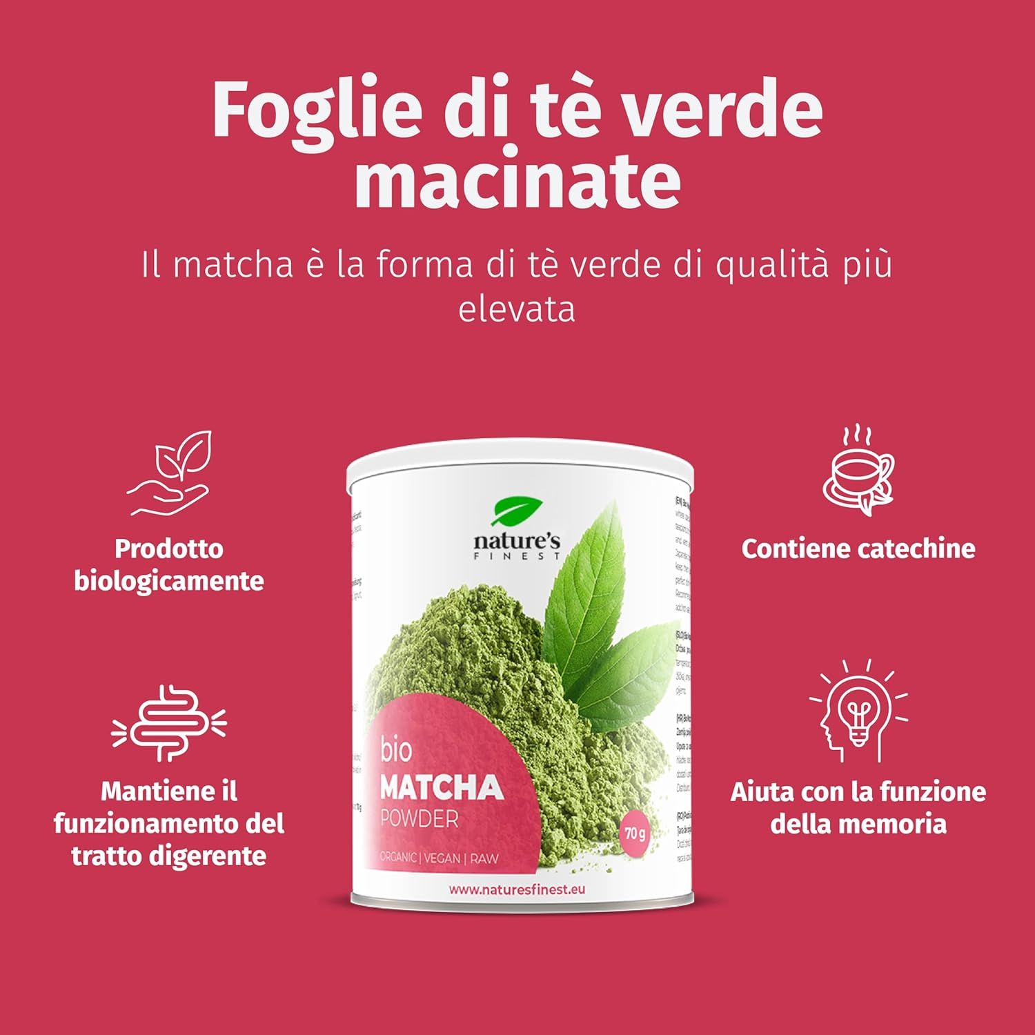 Werbung für Matcha-Pulver. Dose mit Pulver und Blättern. Text: Foglie di tè verde macinate. Icons mit Produktvorteilen.