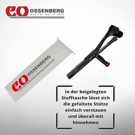 Gehhilfe mit Logo und Stofftasche. Text.