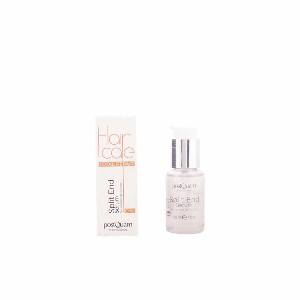 Serumflasche und Verpackung. Flasche mit silberner Pumpe, Verpackung mit Text: Hair Care Total Repair Split End Serum.